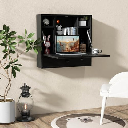 Tangkula Wall Mounted Desk, Folding Floating Wall Mount Laptop Desk, Space Saving Wall Mounted Table with Storage Drawer & Shelves (Black) - color: Black