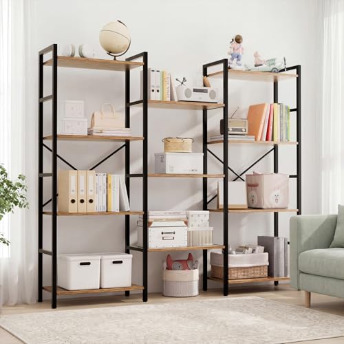 GRUSIGN Triple 4 Tier Book Shelf, Modern Bookcase Shelf, Freestanding Large Display Shelves for Living Room/Office/Garage, Stable Large Bookshelf with Storage for Books/LEGO/Plants, Rustic Brown - color: Brown