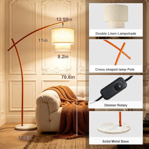 Lightdot Arc Floor Lamp for Living Room, Orange Modern Standing Tall Lamps Dimmable 3000K Warmwhite, LED Floor Lamp Bedside Lamp Tall Lamps for Home Office Bedroom Corner Decor (T45 Bulbs Included) - color: Gold