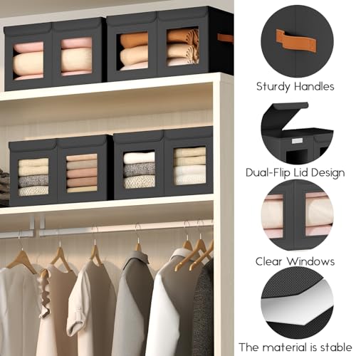 Large Closet Storage Bins - Collapsible Divided Clothes Organizer with Lids & Dual Window, Fabric Organizing Bins for Clothes, Sweater, Bedroom, Office (Black, 3 Pack) - color: Black, size: L(3-Pack)
