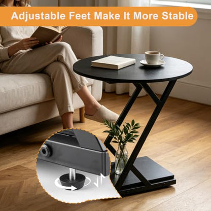 20In Small Round Side Table, 2-Tier Black End Table with Z-Shaped Metal Frame, Wood Grain Round Accent Table with Storage Shelf, Modern Sofa Side Coffee Table for Living Room Bedroom - color: 20in-black