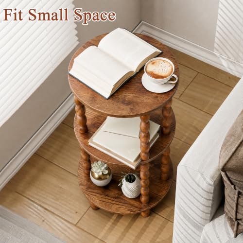 Small Round Narrow Side Table, 3-Tier End Table with Storage | 11.8″ x 11.8″ x 22.6″, Solid Wood Spindle Legs, Easy Assembly, No Tools Required, Vintage Style, Space-Saving, Easy to Clean