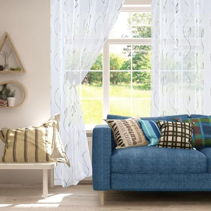 Silver Foil Print Sheer Curtains 63 inches Long, 2 Panels Ginkgo Bronzing Treatment Sheer Curtain, Rod Pocket Window Treatment Panels for Bedroom Living Room - color: Wicker/Silver/White, size: 42"W x 63"L (Pack of 2)