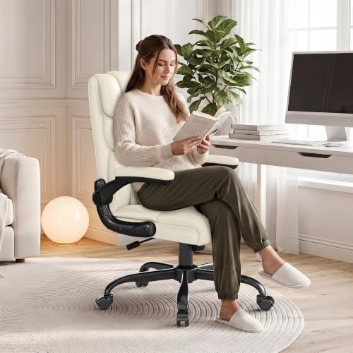 Office Chair, Executive Mid-Back Computer Desk Chair with Flip-up Armrests | 300 Lbs Ergonomic Leather Swivel PC Chair with Rock Function for Working Studying (Creamy White) - color: Creamy White
