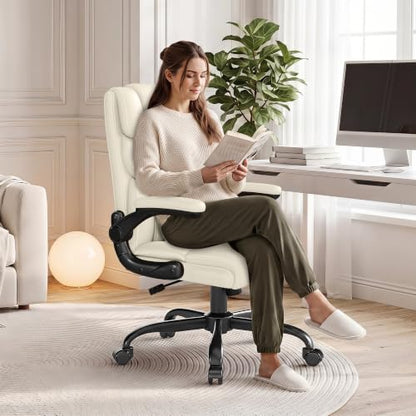 Office Chair, Executive Mid-Back Computer Desk Chair with Flip-up Armrests | 300 Lbs Ergonomic Leather Swivel PC Chair with Rock Function for Working Studying (Creamy White) - color: Creamy White