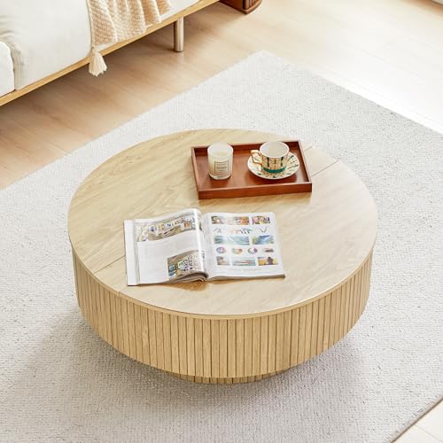 33" Round Coffee Table with Lift-Top & Flip-Top Storage, Modern Accent Fluted Coffee Tables with Metal Frame, Wooden Circle Center Table for Living Room Small Space Apartment Office (Natural) - color: Natural 33" Round Lift-top & Flip-top