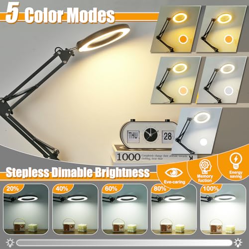 Real Glass 12X Magnifying Glass with Light and Stand (No Acrylic Lens), 2-in-1 Lighted Magnifier with Clamp, 5 Color Modes Dimmable LED Desk Lamp Hands Free for Painting Craft Sewing Hobby Close Work - color: Black