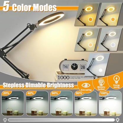 Real Glass 12X Magnifying Glass with Light and Stand (No Acrylic Lens), 2-in-1 Lighted Magnifier with Clamp, 5 Color Modes Dimmable LED Desk Lamp Hands Free for Painting Craft Sewing Hobby Close Work - color: Black