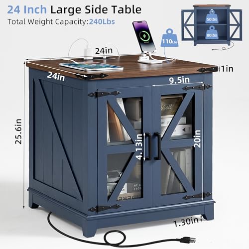 Joaxswe Farmhouse End Table for Living Room, Charger Station | USB Ports, Glass Barn Door, Solid Wood Legs, 24" Large Sofa Side Table, Adjustable Shelf, Blue Square Table for Bedroom - color: Blue, size: Set 1