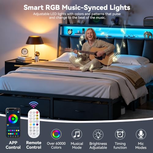 FreeHouse Full Size Bed Frame with Storage Headboard & 2 Drawers, Black | Upholstered Full bed frame with Charging Station & LED Light, Fabric Drawers,Metal Slats, No Box Spring Needed, Noise-Free - color: Black, size: Full