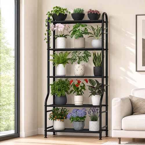 5-Tier Metal Plant Stand - Heavy Duty Indoor Outdoor Flower Shelf for Multiple Pots, 65" Tall Vertical Holder with Adjustable Leveling Feet & Wall-Fixing Kits, Black