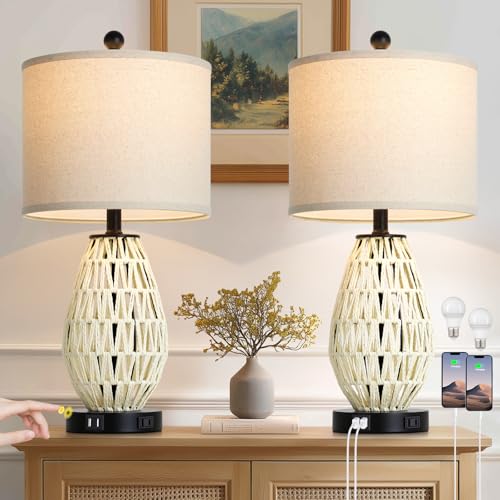 CINSARY Touch Control Rattan Table Lamps, 3 Way Dimmable Bedside Lamps for Bedroom Set of 2 with 2 USB Ports and AC Outlet, Wicker Nightstand Lamps for Living Room (LED Bulbs Included), White - color: White