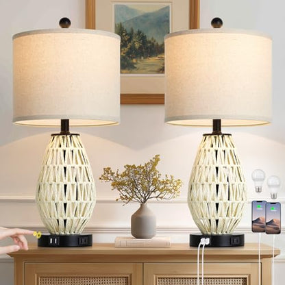 CINSARY Touch Control Rattan Table Lamps, 3 Way Dimmable Bedside Lamps for Bedroom Set of 2 with 2 USB Ports and AC Outlet, Wicker Nightstand Lamps for Living Room (LED Bulbs Included), White - color: White