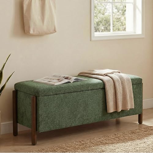 Usaint 47" Fabric Upholstered End of Bed Storage Ottoman Bench, Green | Entryway Bench with Storage and Rubberwood Legs, 24.5 Gallons Storage Space, Hinged, for Bedroom, Living Room - color: Green