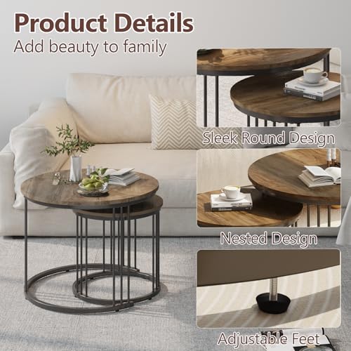 Nesting Coffee Table, 23.6" Round Coffee Table Set of 2, Wooden Nesting Table with Metal Frame, Ceter Tables for Living Room Bedroom Balcony, Brown - color: Brown