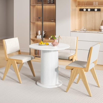 31.5 inch Round Dining Table for 2, Modern Farmhouse Kitchen Table | Small Circle Dining Tables with Wood Strip Base for Kitchen Living Room - color: White