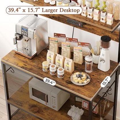 SUPERJARE Bakers Rack with Power Outlets, Microwave Stand, 39.4 X 14.3 Inch Larger Desktop, Kitchen Storage Rack with Adjustable Middle Shelf, 6 S-Shaped Hooks, Coffee Bar Stand, Rustic Brown - color: Rustic Brown, size: 39.4inch