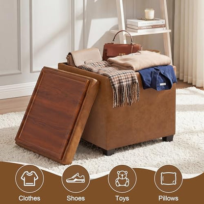 15 inch Square Storage Ottoman with Tray Lid,Modern Tufted Faux Leather Cube Coffee Table with Storage,Upholstered Ottoman with Removable Top for Living Room, Bedroom - color: Faux Leather -Taupe Brown With Tray