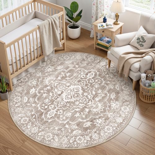 Soalmost Washable Round Rug 6ft for Living Room,Soft Circle Rug Light Brown | Vintage Floral Ultra-Thin Non-Slip 6x6 Round Throw Carpet for Entryway Nursery Bedroom Kitchen Dining Room 6'Round - color: Light Brown, size: 6' (Round)