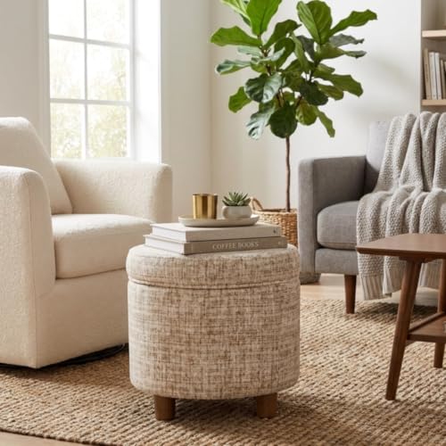 HomePop 19" Round Storage Ottoman - Cream Textural Woven - color: Cream Textural Woven