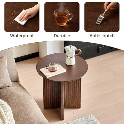 Round Fluted End Table, 19" Side Table, Modern Bedside Table, Mid-Century Modern Nightstand,Easy Assembly, for Small Spaces, Living Room, Bedroom, Walnut - color: Walnut, size: 19" Cross-leg Table