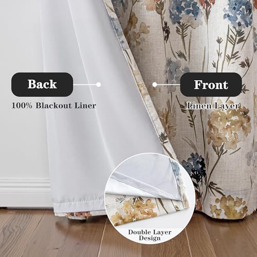 MYSKY HOME 100% Blackout Linen Floral Curtains 90 Inch Long 2 Panels Farmhouse Pattern Printed Double Layer Thermal Insulated Soundproof Drapes for Living/Dining Room, Yellow, 52" Wide Each Panel - size: 52"W x 90"L (Pack of 2)