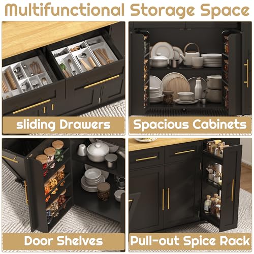 St.Mandyu 69" Large Kitchen Island on Wheels, Kitchen Rolling Island Cart with Trash Storage Cabinet, Power Outlet, 3-Tier Pull-Out Storage Trays, Drop Leaf, Mobile Island Table for Kitchen, Black - color: Black