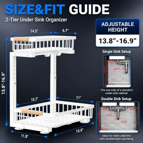 Under Sink Organizer 2 Pack, Double Slide Out Metal Shelf, White | Pull Out Kitchen Storage Cabinet Organizer, 2-Tier Under Sink Storage Rack for Bathroom Laundry Kitchen Storage with Drawer - color: White