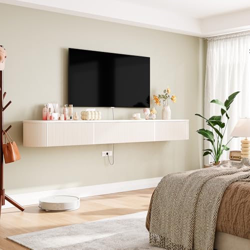Floating TV Stand with Drawers 94'',Wall Mount TV Stand,Floating Entertainment Center Shelf for Bedroom Living Room Under TV,Fully Assembled,Off-White - color: Milky White, size: 94IN