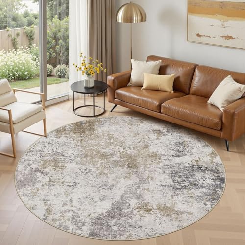 Nakagishi 6X6 Abstract Washable Area Rugs for Living Room-Brown Grey | Modern Non-Slip Silicone Backing Low Pile Soft Carpet for Bedroom Dining Decor Ideal for Families with Kids and Pets - color: Dark Brown, size: 6' x 6' (Round)