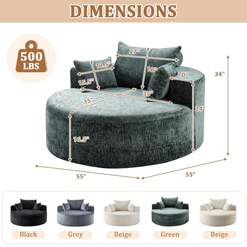 55" Oversized Round Chaise Longue Chair Indoor, Upholstered Chenille Circle Single Cloud Reading Sofa Chair Deep Seat Modern Boneless Sleeper Couch No Assembly Required, Green - color: Green, style: 55"Chenille