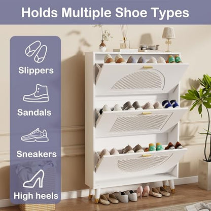Shoe Cabinet Storage for Entryway: 32" White Slim Shoe Storage Cabinet with 3 Flip Drawers, Narrow Hidden Shoes Storage, Wood Shoes Organizer Cabinets for Hallway (1, 3-Drawers) - size: 3-Drawers