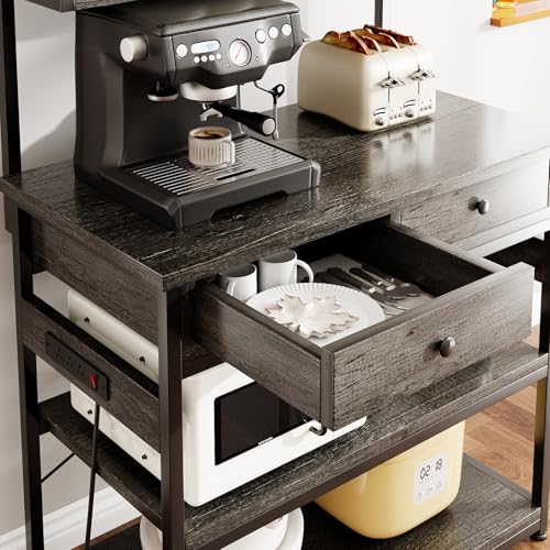 Mexin Baker's Rack with Power Outlet, 5-Tier Kitchen Storage Shelf with 2 Drawers, Industrial Microwave Stand Coffee Bar Station, 58.5" Heavy Duty Utility Rack for Spice Pots and Pans, Gray Oak - color: Gray Oak