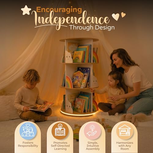 pimlyo® Rotating Bookshelf Kids with Removable Light, Spinning Book Shelf for Kids Rooms for Toddler Kid Room Storage, Small Wooden Round White Tower Bookcase for Nursery Bedroom Playroom Rooms