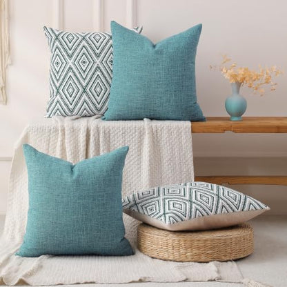 HPUK Throw Pillow Covers 18x18, Set of 4, Aqua Blue Couch Pillow Covers | Polyester fabric, patterned and solid designs, hidden zippers, machine washable, for sofas and beds, inserts not included - color: Aqua, size: 18" x 18" (Pack of 4)