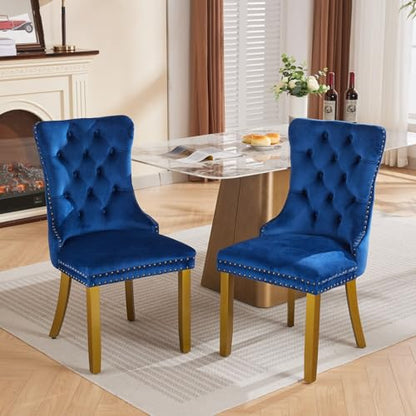 KEIKI Upholstered Velvet Dining Chair, Mid-Century Tufted Accent Seat | with Golden Solid Wood Legs Nailhead Trim 2-Pcs Set, for Dining Room Kitchen Room, Blue - color: Blue