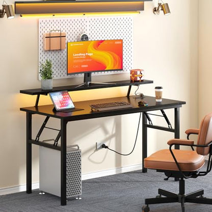 DlandHome 47" Computer Desk with Power Outlets & LED Lights, Black, Bedroom | Folding Desk with Monitor Stand, Writing Study Table Gaming Desk, Metal Frame, Fully Assembled, Home Office Small Spaces - color: Black + Black, size: 47 Inches + Outlets