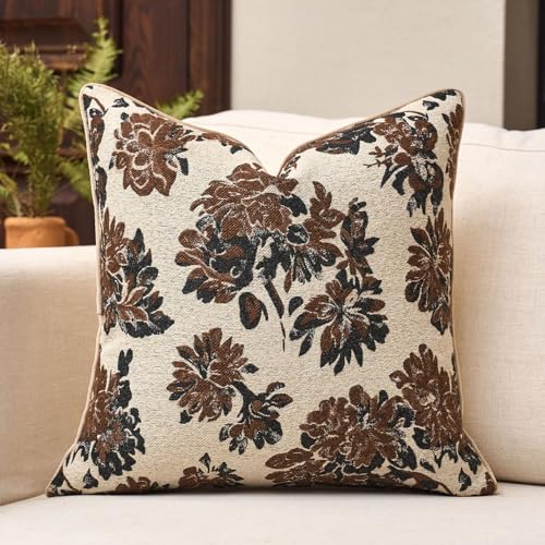 Beige Brown Floral Throw Pillow Cover 20x20 Fall Vintage Flower Pillow Cover Farmhouse Cushion Cover Neutral Summer Outdoor Chenille Pillowcase Home Decor for Couch Sofa Bedroom Living Room - color: F-beige and Brown, size: 20" x 20" (Pack of 1)
