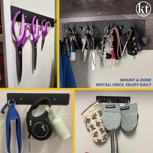 Key Holder Wall Mount Key Rack, Hanging Keys Hanger Hooks for Wall-Mounted Black Rail with 4 Hooks Storage Organizer Home Decor, Self Adhesive no Drill or Screws