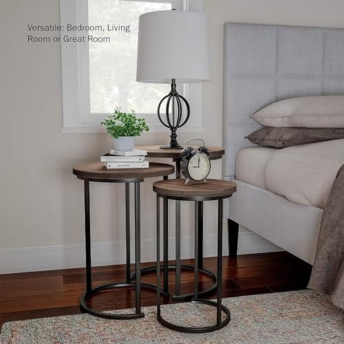 HYGRAD BUILT TO SURVIVE Set of 3 Round Wooden/Steel Nesting Side Stacking Sofa Side Coffee Tables, Small Space Coffee Tea Table for Hallway Living Room Bedroom, Home, Office (Brown/Black) - color: Brown/Black