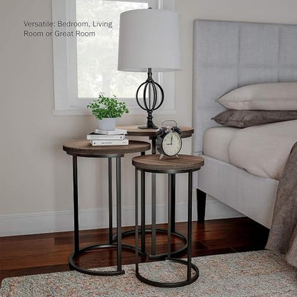 HYGRAD BUILT TO SURVIVE Set of 3 Round Wooden/Steel Nesting Side Stacking Sofa Side Coffee Tables, Small Space Coffee Tea Table for Hallway Living Room Bedroom, Home, Office (Brown/Black) - color: Brown/Black