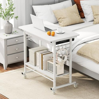 Tangkula Rolling Computer Desk Cart with Keyboard Tray, Mobile Portable Laptop PC Desk with CPU Stand & 3 Hooks for Sofa & Bed, Compact Small Desk on Wheels for Small Spaces (White) - color: White