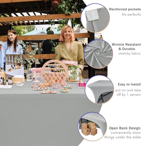 Nasitos 2 Pack 8 ft Table Cloth Rectangle Tables-Open Back Spandex Fitted Tablecloth, Grey Stretch Table Covers Washable and Wrinkle Resistant for Trade Show, Parties, Wedding, Banquet, Cocktails - color: Grey, size: 8FT