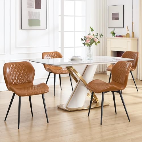 Dining Chairs Set of 2,Faux Leather Modern Dining Chairs with Thick Cushions, Upholstered Kitchen Side Chairs with Adjustable Metal Legs for Dining Room (Caramel) - color: Caramel, size: Set of 2