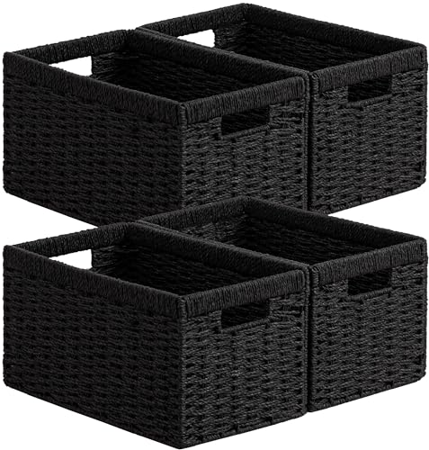 UBBCARE 4 Pack Wicker Basket, 13.4L×8.3H×7.1W inch Woven Paper Rope Storage Baskets for Shelves, Foldable Rectangular Storage Baskets with Handle, Storage Basket for Organizing, Black - color: Black, size: Rectangular- 4pack 13.4"×8.3"×7.1"