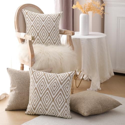 HPUK Throw Pillow Covers 18x18, Set of 4, Light Brown Couch Pillow Covers | Polyester fabric, patterned and solid designs, hidden zippers, machine washable, for sofas and beds, inserts not included - color: Light Brown, size: 18" x 18" (Pack of 4)