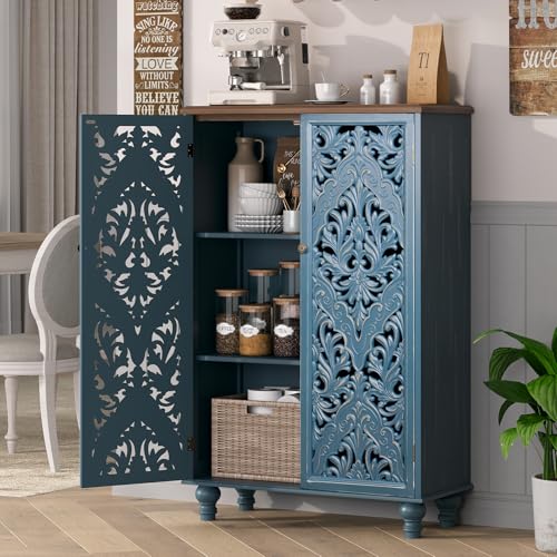 Jiansu furni Buffet Sideboard Cabinet with Hand-Carved Doors,Tall Storage Cabinet for Dining Room, Vintage Wood Accent Cabinet with Shelves, Slim Floor Cupboard for Kitchen & Entryway(Blue & Walnut) - color: Blue & Walnut_2 Doors Tall