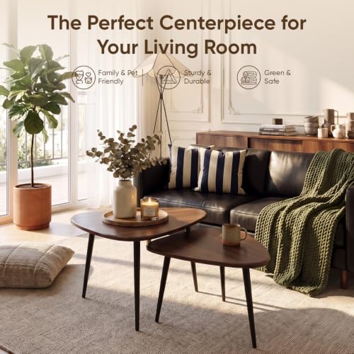 Nesting Coffee Table Set,Mid Century Modern Coffee Nesting Table | Solid Wood Triangle Oval Center Table for Small Living Room Apartment Balcony, Walnut