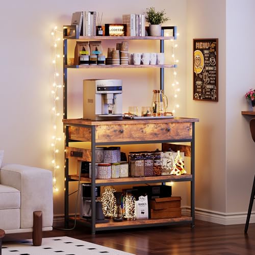 Mexin Bakers Rack with Power Outlets, 5-Tier Microwave Oven Stand with 2 Drawers, Kitchen Stand Coffee Bar Table with Storage, Heavy Duty Kitchen Shelves(Brown) - color: Rustic Brown