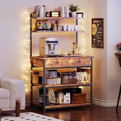 Mexin Bakers Rack with Power Outlets, 5-Tier Microwave Oven Stand with 2 Drawers, Kitchen Stand Coffee Bar Table with Storage, Heavy Duty Kitchen Shelves(Brown) - color: Rustic Brown